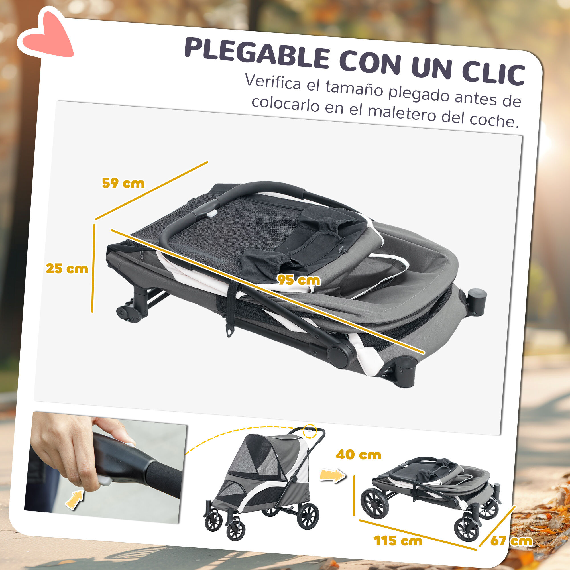 PawHut Carrito para Perros Plegable Cochecito para Perros Grandes hasta 30 kg con Ruedas Grandes Correas de Seguridad Marco Amortiguador Coj&iacute;n Lavable 124x67x100 cm, Gris Oscuro, , large Imagen numero 5