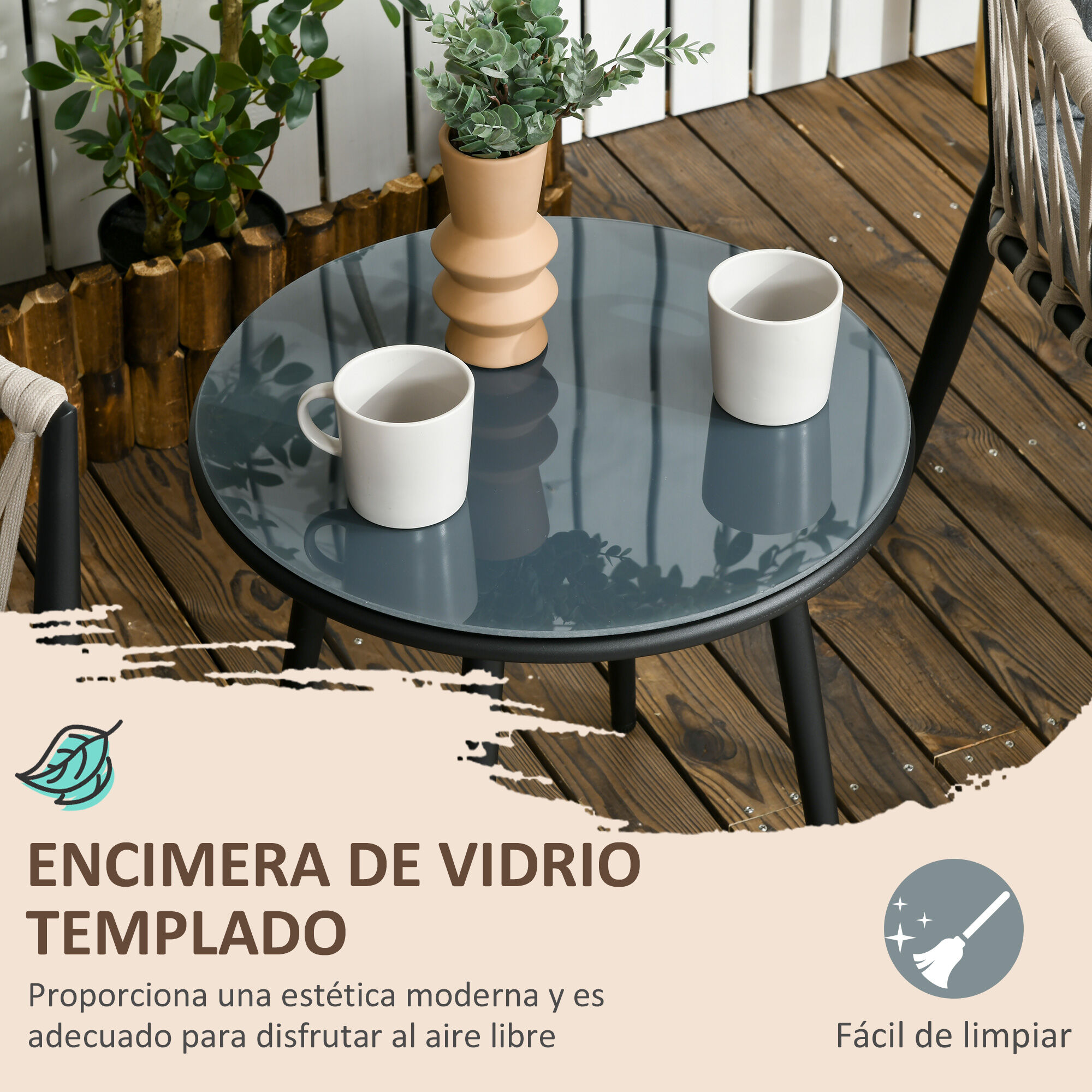 Outsunny Conjunto de Muebles de Jard&iacute;n 3 Piezas Juego de Muebles de Terraza Incluye Mesa con Encimera de Vidrio Templado y 2 Sillones con Cojines Reposabrazos de Cuerda Polipropileno Gris, , large Imagen numero 5