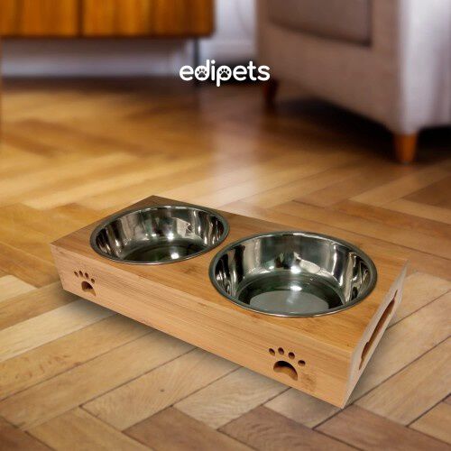 Edipets comedero doble de acero inoxidable madera para mascotas, , large Imagen numero 4