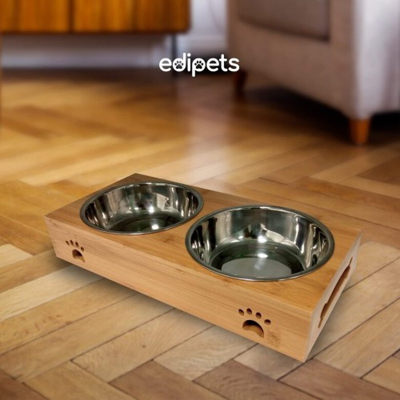 Edipets comedero doble de acero inoxidable madera para mascotas, , large image number null