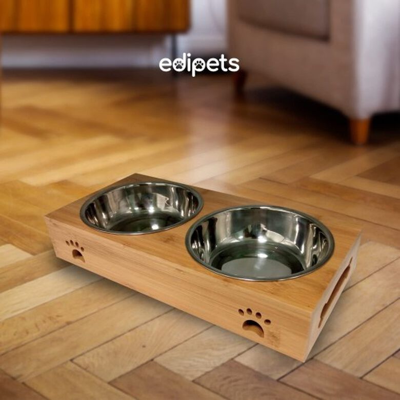 Edipets comedero doble de acero inoxidable madera para mascotas thumbnail