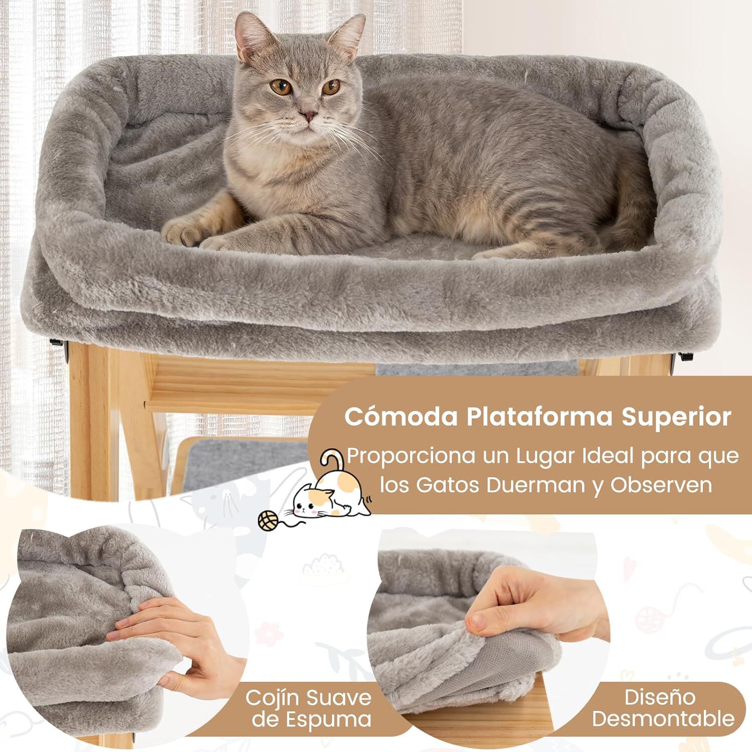 COSTWAY &Aacute;rbol para Gatos de Madera Maciza, 151 cm, Rascador Gato Plegable con Escalera, Torre Alta para Gatitos de 5 Niveles con Cama, Perchero Tapizado y Poste Rascador de Sisal, Natural y Gris, , large Imagen numero 3