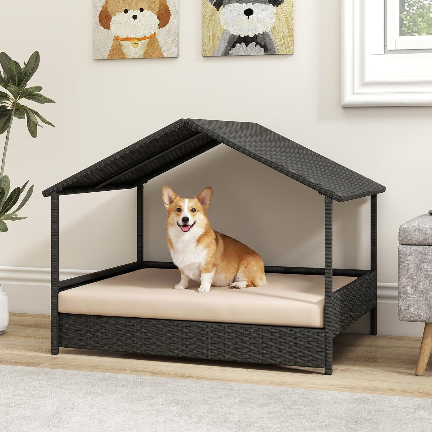 COSTWAY Caseta para Perros Exterior e Interior, Casa Perro de Rat&aacute;n Grande con Dosel, Base Elevada, Coj&iacute;n Removible, Estructura Met&aacute;lica, Cama Elevada para Mascotas, Carga 60 kg, 98 x 69 x 74 cm (Beige), , large Imagen numero 2