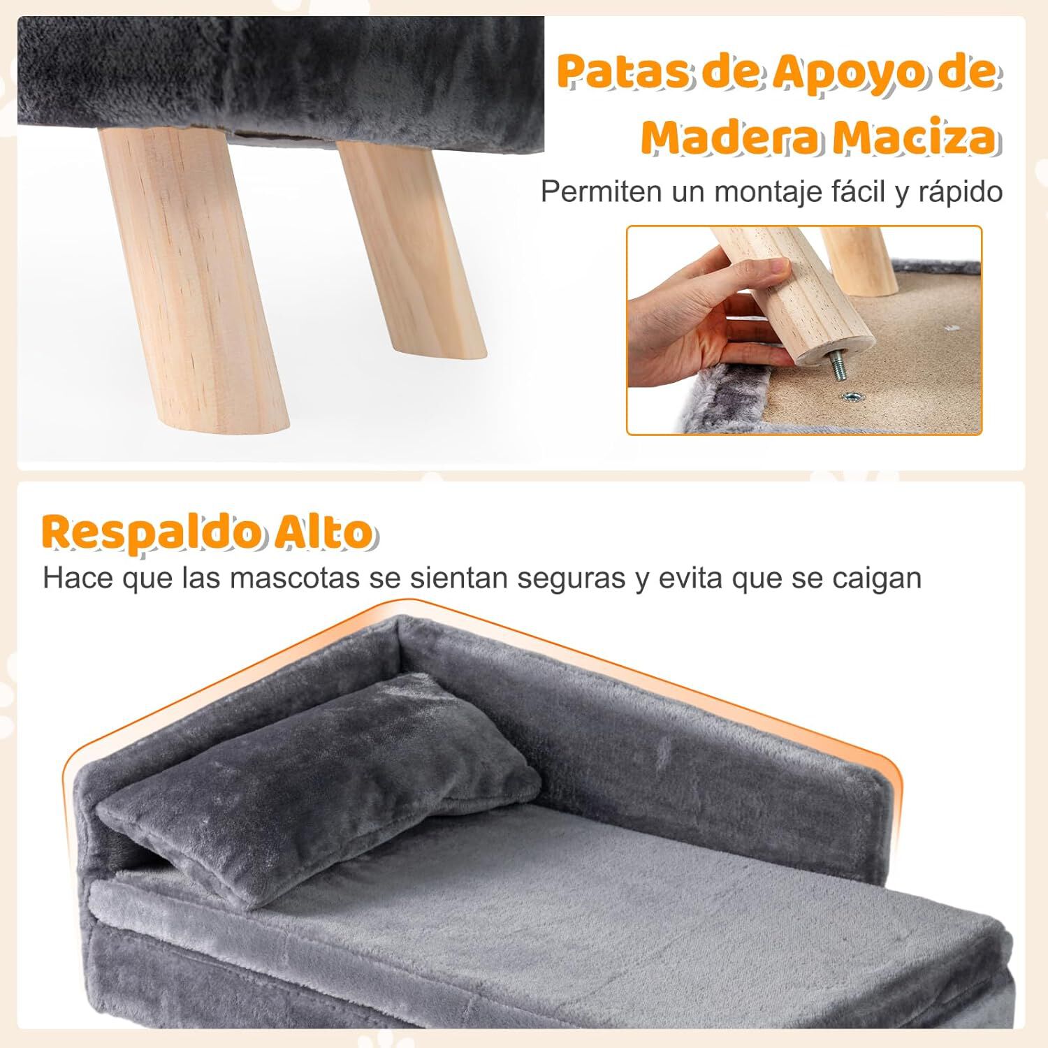 COSTWAY Cama para Gatos, mullida y Suave, sof&aacute; para Gatos medianos y peque&ntilde;os, Linda Cama para Gato con Base Antideslizante, Pies de Madera, Sof&aacute; Sill&oacute;n para Interior (Gris,71 x 43 x 40 cm), , large Imagen numero 4