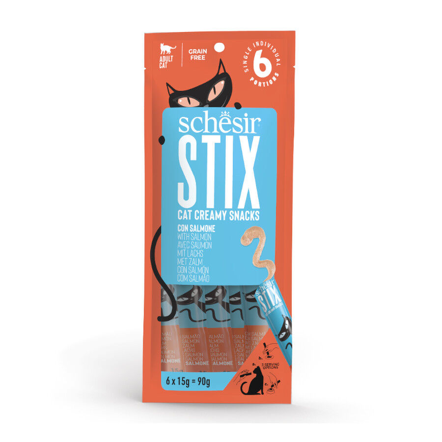 6 uds. x 15 g Schesir Stix Snacks Salm&oacute;n para gato, , large Imagen numero 1