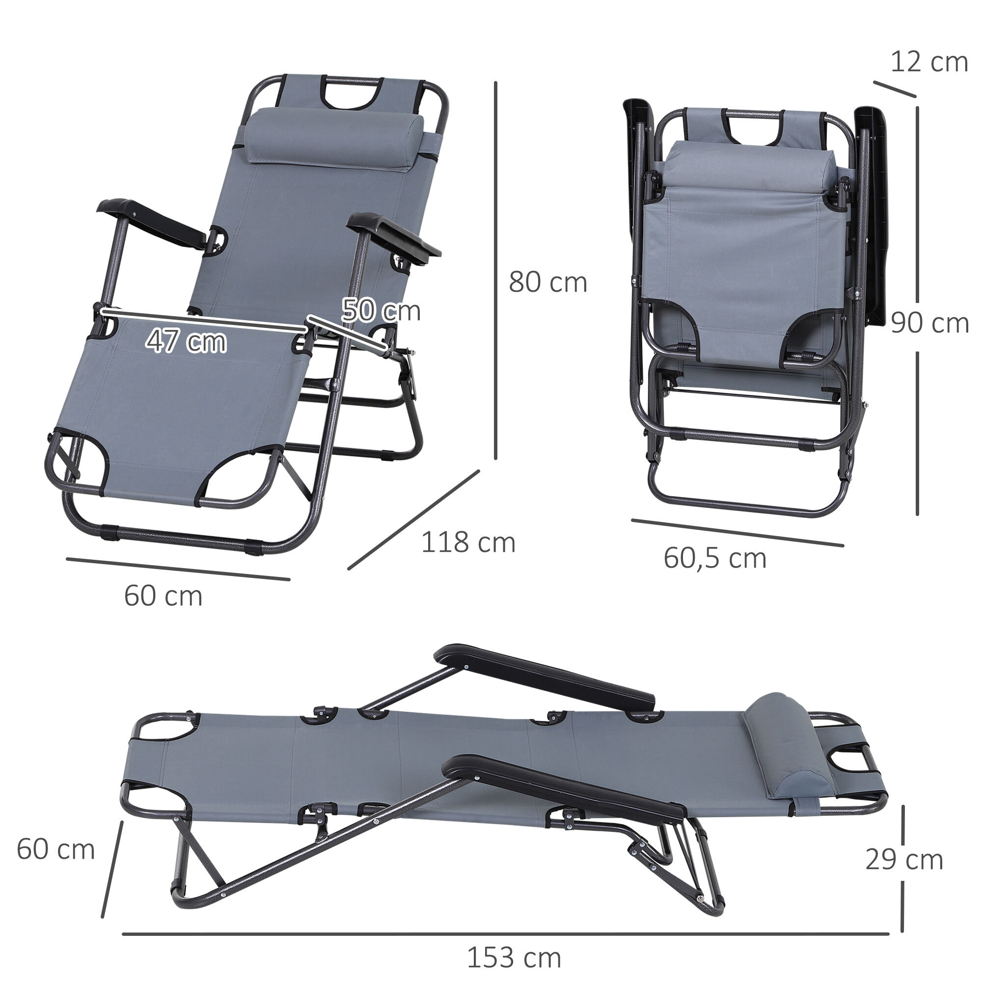 Outsunny Tumbona Reclinable y Plegable Tumbona de Jard&iacute;n con Respaldo Ajustable en 2 Niveles Reposacabezas y Bolsillo Silla Tumbona para Terraza Carga 136 kg 118x60x80 cm Gris, , large Imagen numero 3
