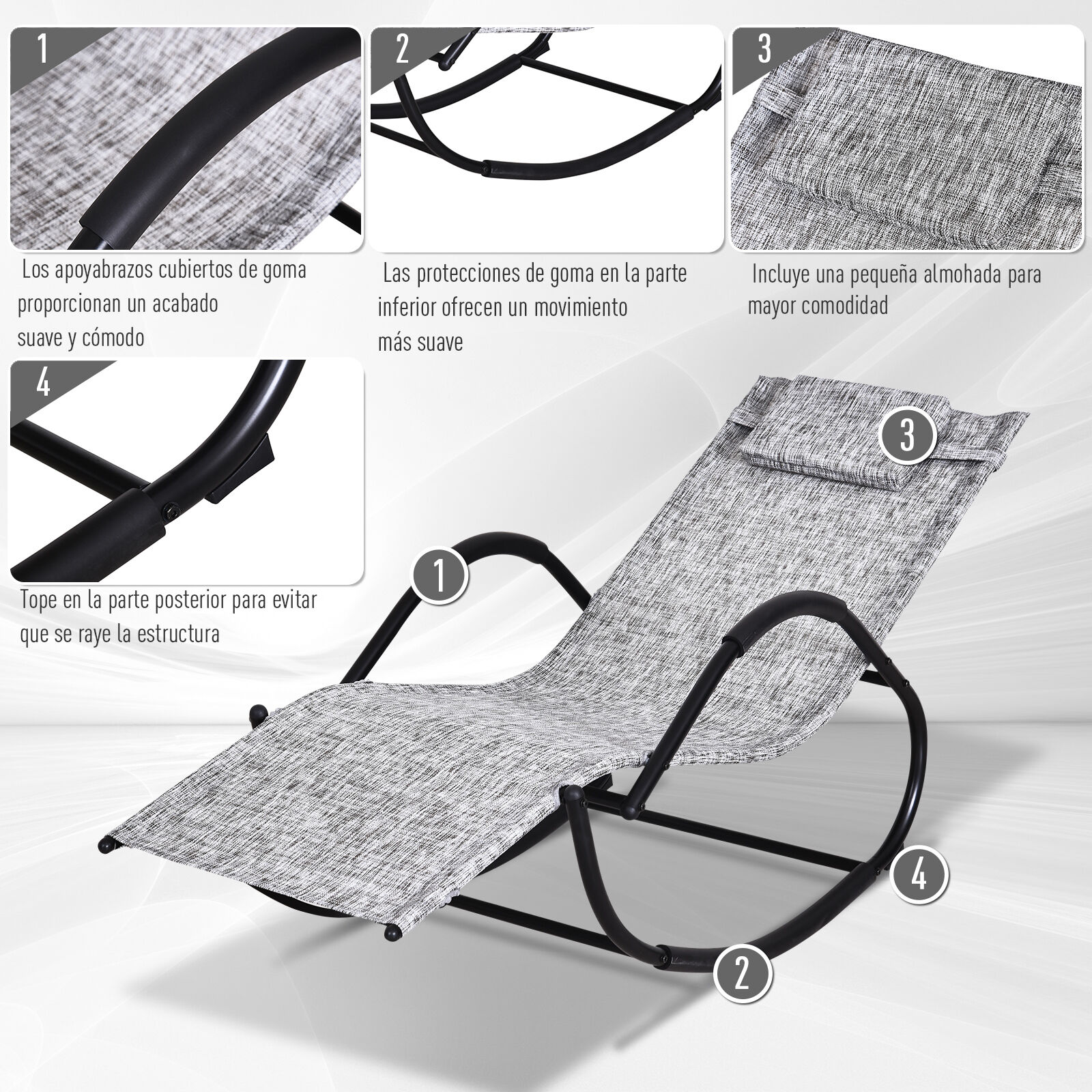 Outsunny Conjunto de 2 Mecedoras de Exterior Tumbonas Mecedoras con Reposacabezas Reposabrazos y Marco Met&aacute;lico Carga 160 kg para Jard&iacute;n Terraza 160x61x79 cm Gris, , large Imagen numero 5