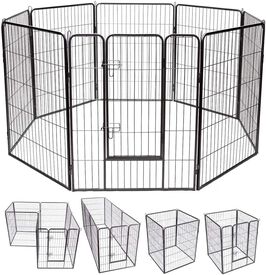 COSTWAY Parque de Metal Plegable para Perro Animales Barrera de Seguridad con Puerta y Cerradura para Cachorros de Jardín Interior Exterior