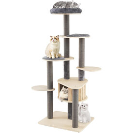 COSTWAY &Aacute;rbol Rascador para Gatos Grandes de 197 cm, Torre de Escalador para Gatos de M&uacute;ltiples Niveles con Acolchado Superior, Casa, Alfombrillas Desmontables, Postes para Rascar, Base Estable, Gris