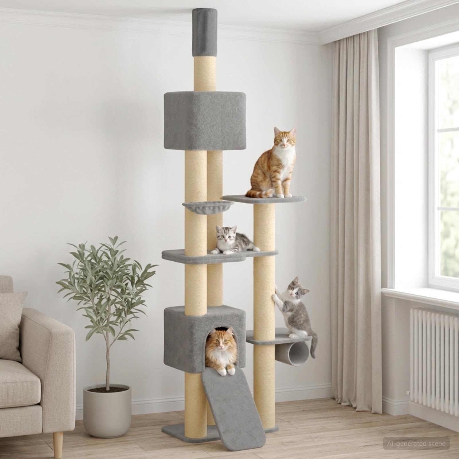 vidaXL &Aacute;rbol para gatos del suelo al techo con poste de sisal Torre para gatos, , large Imagen numero 2