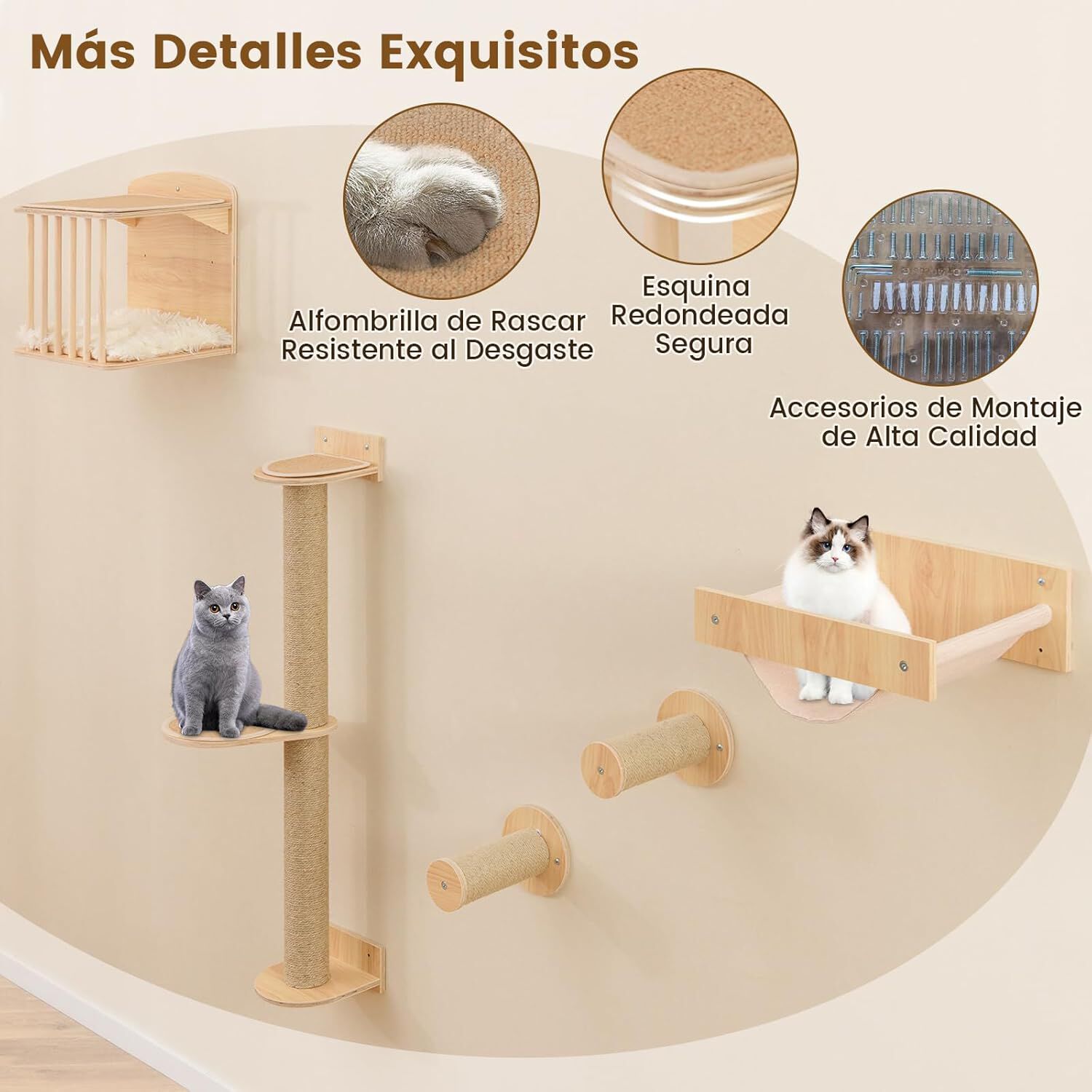 COSTWAY Set de Pared de Escalada para Gatos, 5PCS Estante de Escalada para Gatos de Pared, con Árbol de 3 Niveles, Hamaca, Poste y Alfombras Rascadores, Centro de Actividades Que Ahorra Espacio thumbnail