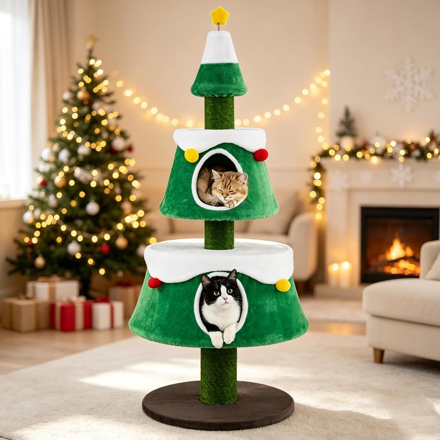 COSTWAY 156 cm &Aacute;rbol de Navidad para Gatos con 2 Casitas Grandes, Torre para Gatos con Rascadores de Yute, Juguete en Estrella con Resorte y Bolas Decorativas, Mueble de Juegos para Interior, , large Imagen numero 2