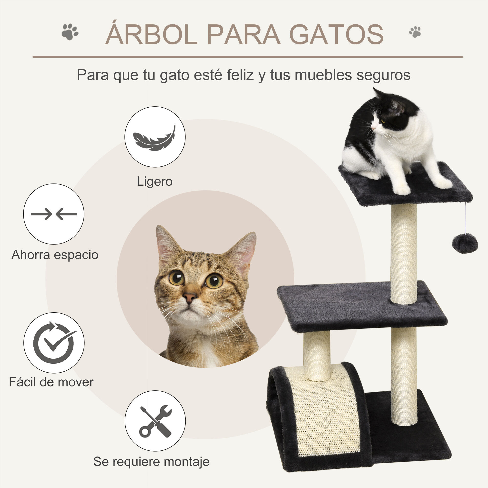 PawHut Rascador para Gatos Altura 72 cm &Aacute;rbol para Gatos Torre de Escalada con Postes de Sisal Tablero para Rascar Plataformas y Bola Colgante Gris Carb&oacute;n, , large Imagen numero 4