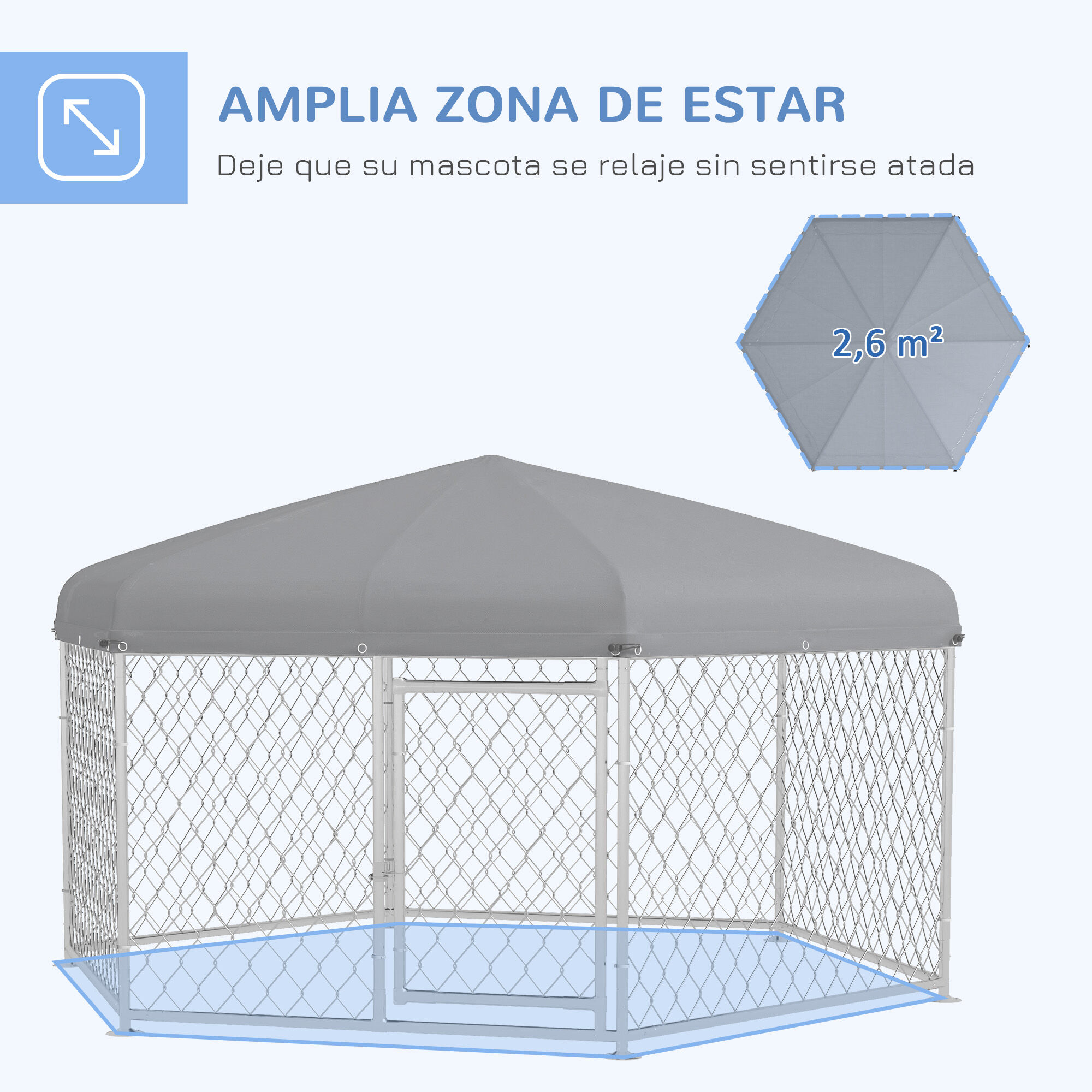 PawHut Perrera de Exterior Hexagonal Jaula para Perros con Puerta Marco de Acero Galvanizado y Toldo Impermeable y Anti-UV 210x185x150 cm Plata, , large Imagen numero 5