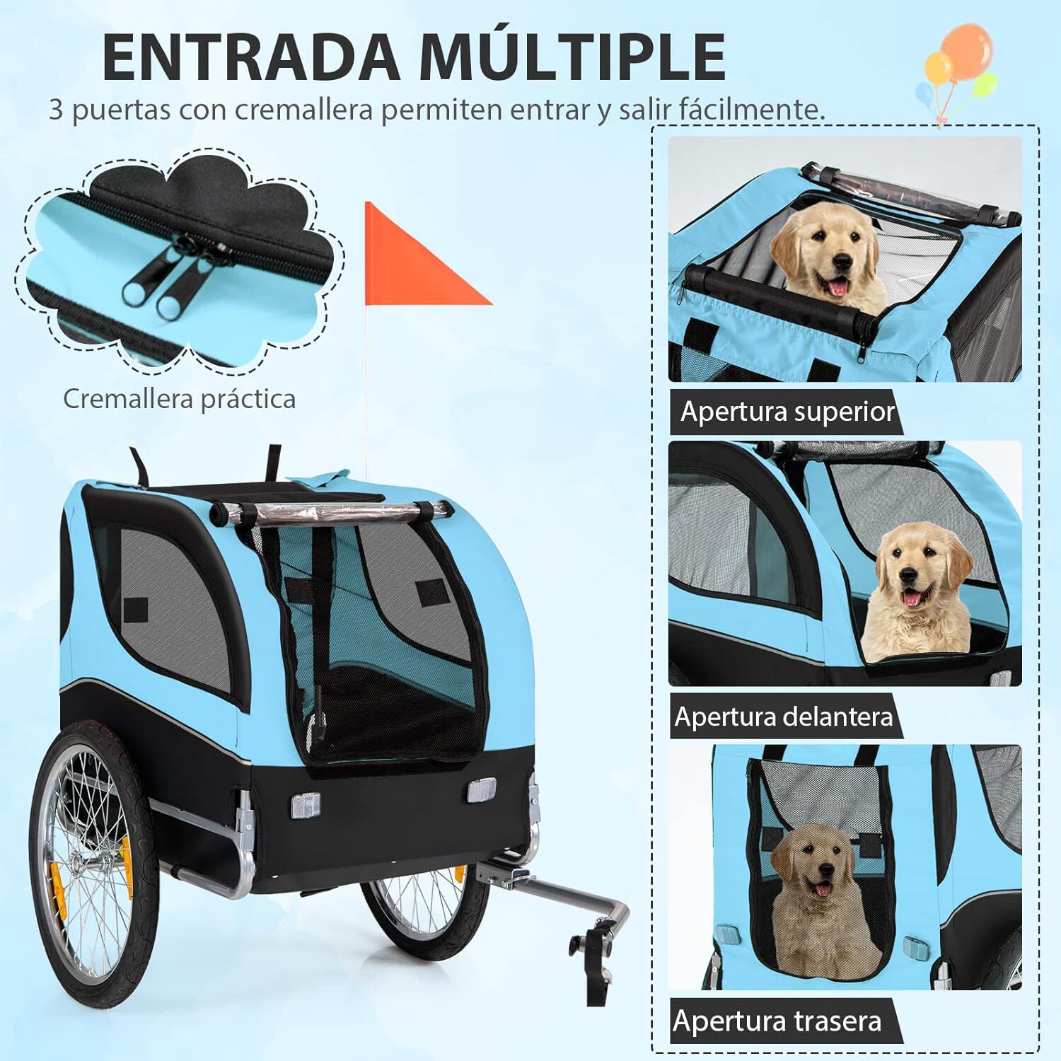 COSTWAY Remolque de Bicicleta para Mascotas, Remolque Bicicleta Perros Peque&ntilde;os y Medianos con Ruedas, Transportador de 2 Puertas con Techo Solar, Capacidad 40 kg, 60,5 x 135 x 95 cm (Azul), , large Imagen numero 3