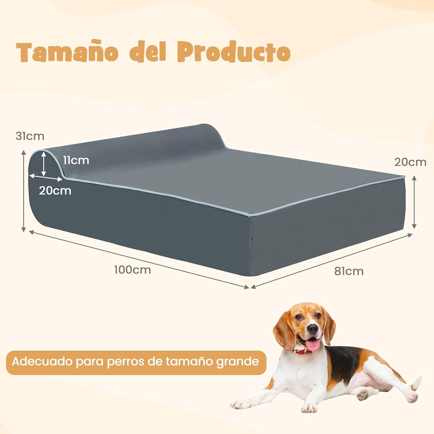 COSTWAY Cama Perro Grande, 100x81x31 cm, Cama Ortop&eacute;dica para Perros con Espuma de Memoria y Reposacabezas, Base Antideslizante, Desenfundable y Lavable, Colchoneta Perro Desmontable, Gris, , large Imagen numero 5