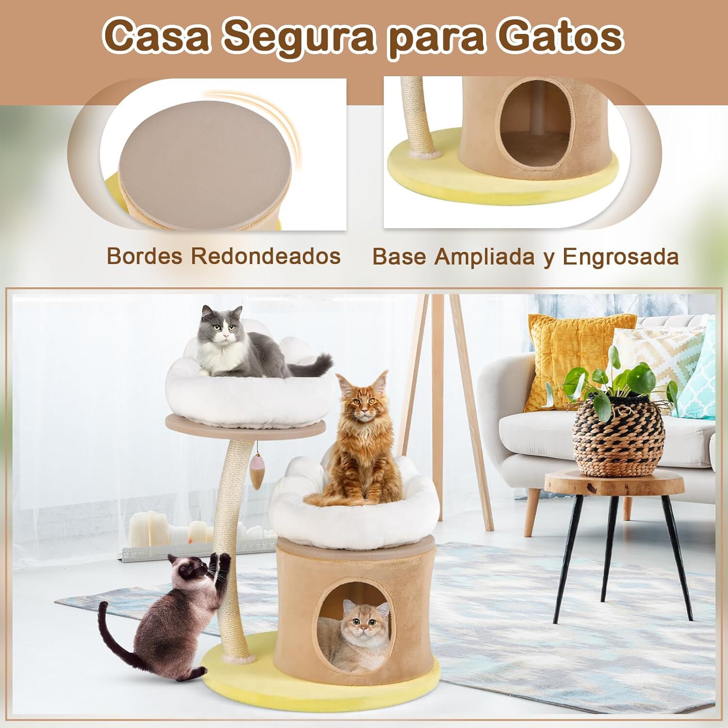 COSTWAY &Aacute;rbol para Gatos de 83 cm, &Aacute;rbol Rascador para Gatos con Condominio, Poste Rascador de Sisal, Juguete Interactivo para Burlas, 2 Nidos Superiores Extra&iacute;bles y Lavables, de Varios Niveles, , large Imagen numero 2