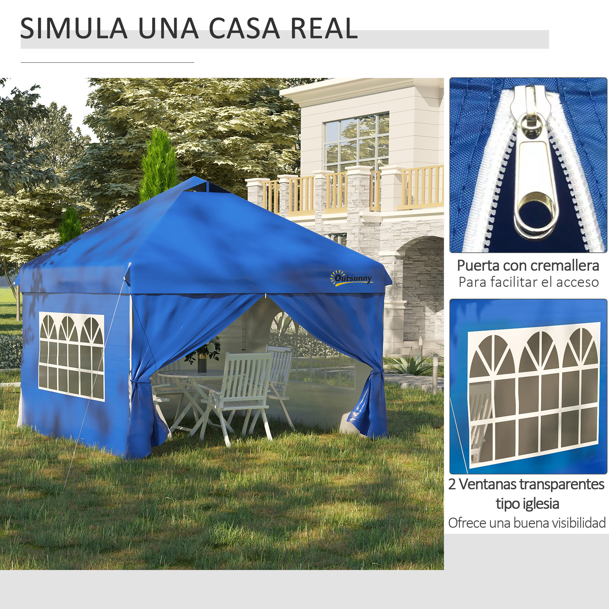 Outsunny Carpa Plegable 3x3 m con Altura Ajustable de 3 Niveles Cenador de Jard&iacute;n con 4 Paredes Extra&iacute;bles 2 Ventanas 4 Sacos de Arena y Bolsa de Transporte Gazebo para Exterior Camping Azul, , large Imagen numero 4
