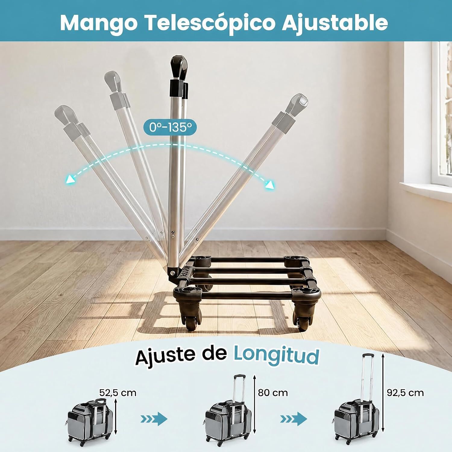 COSTWAY Transport&iacute;n para Mascotas con Ruedas y Asa Telesc&oacute;pica, Transportador para Perros y Gatos con Correa para Hombro, Alfombra Lavable, Ventanas Transpirables, Cremalleras, Gris, , large Imagen numero 5