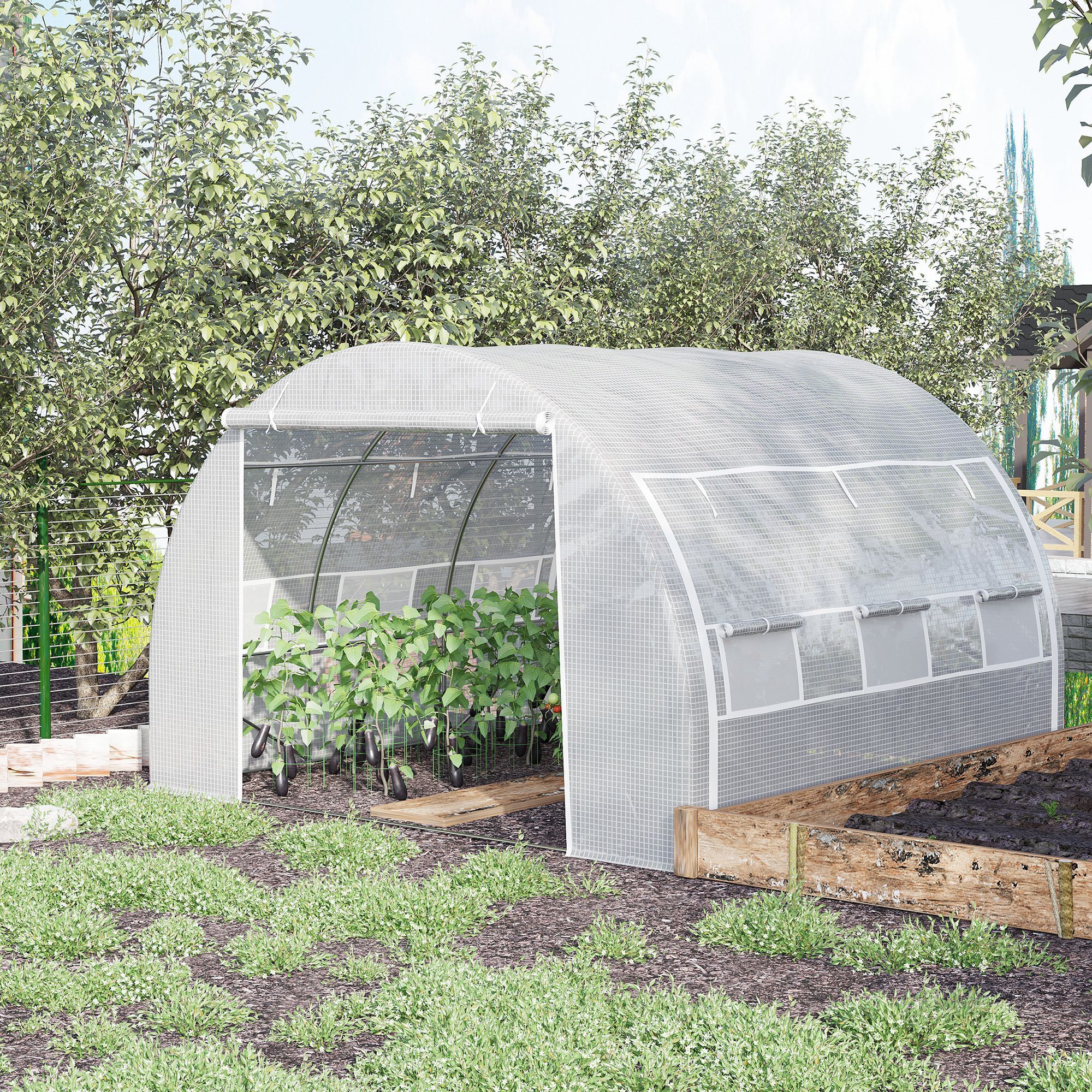 Outsunny Invernadero de T&uacute;nel de Jard&iacute;n 3x3x2 m con Puerta y 6 Ventanas Enrollables de Polietileno 140 g/m&sup2; y Acero Galvanizado para Cultivos Plantas Flores Blanco, , large Imagen numero 2