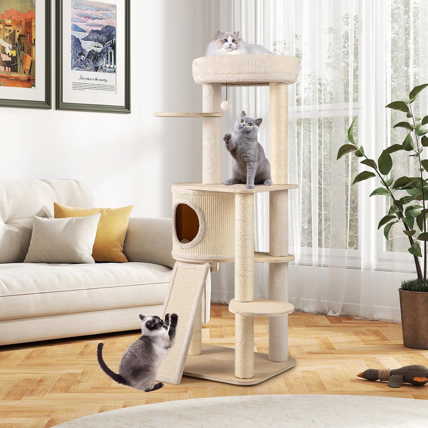 COSTWAY Rascador para Gatos, 143 cm Árbol Rascador para Gatos Moderno, Torre Escalador para Gatitos con Alfombrilla, 4 Postes de Rascado de Sisal, 6 Plataformas, Nido, Cama, Rampa, Natural thumbnail