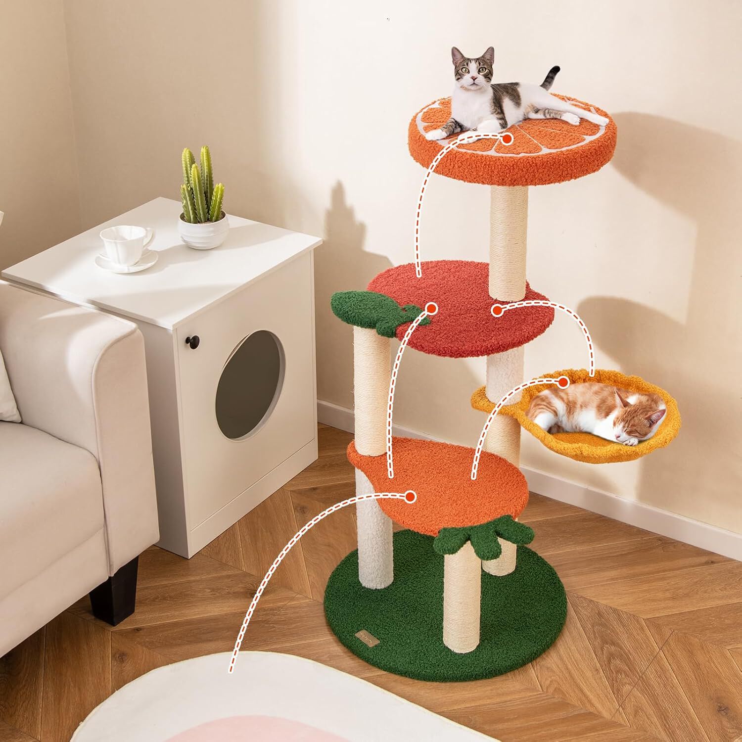 COSTWAY Árbol Rascador para Gatos, Rascador para Gatos de Estilo Fruta, Múltiples Niveles con Perchero Acolchado, Cesta Rotatable, Postes de Rascado de Sisal, Centro de Actividades para Gatos thumbnail