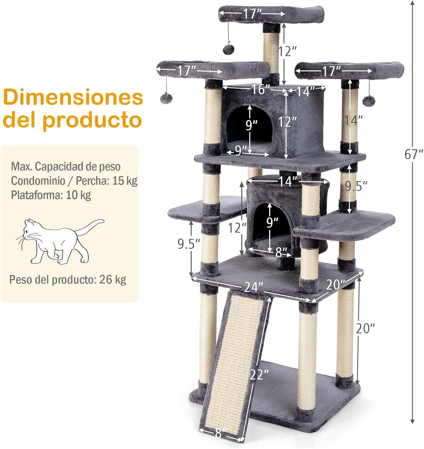 COSTWAY Rascador para Gatos, Torre Multinivel 170 cm para Gatos con Palos Rascadores y Tablas, Centro Actividad para Gatos con 3 Posaderos Afelpados, 2 Casitas Acolchadas, 3 Bolitas de Pelo Colgantes, , large Imagen numero 4