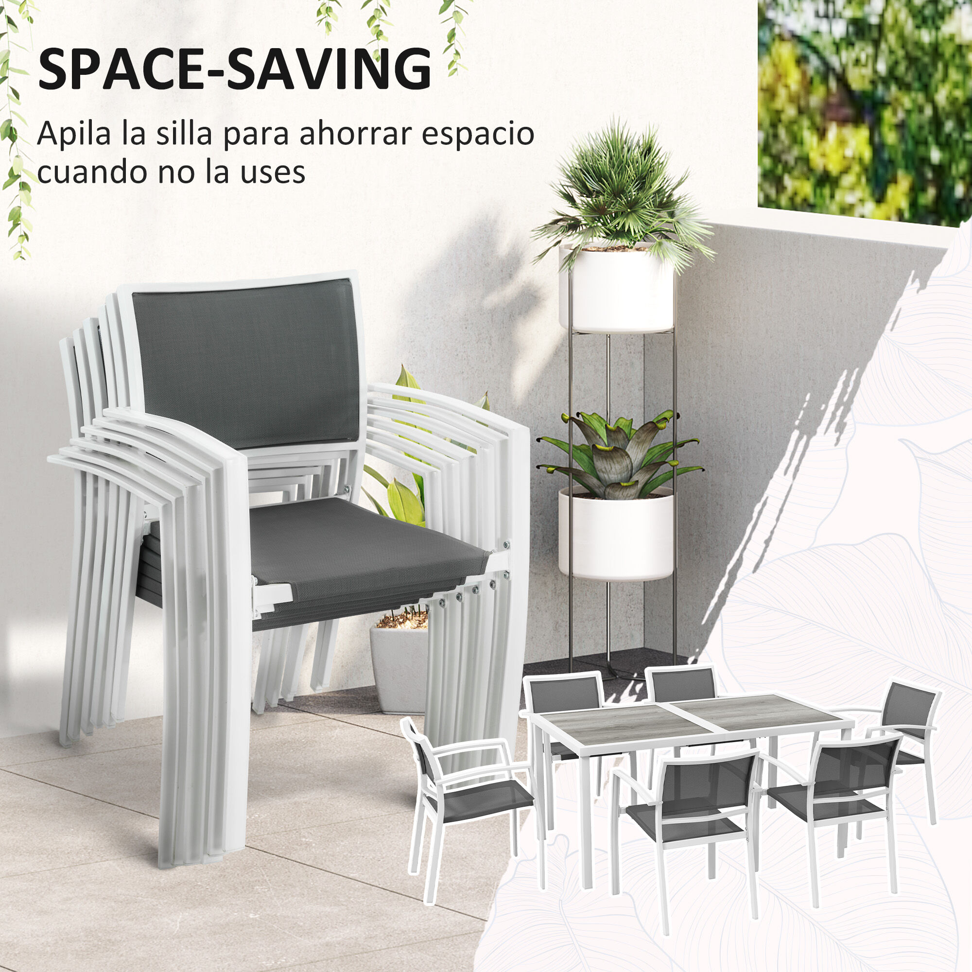 Outsunny Conjunto de Comedor de Exterior Juego de Comedor de Jard&iacute;n de 7 Piezas con 1 Mesa y 6 Sillas Apilables Estilo Moderno para Terraza Patio Blanco y Gris, , large Imagen numero 4