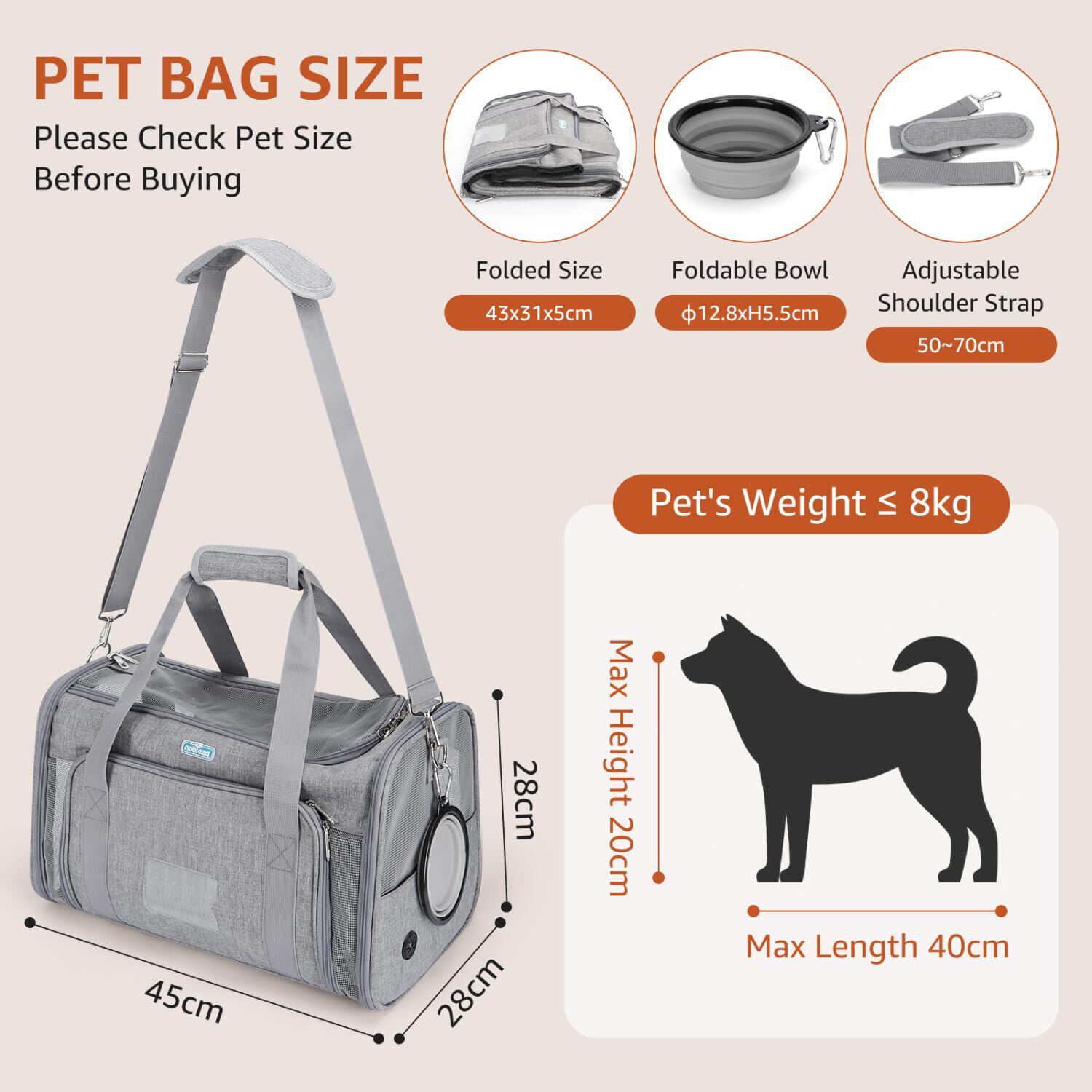 Nobleza Transportin Gato Perro Extensible， Bolsa de Transporte para Mascotas Plegable Transpirable， Aerol&iacute;nea Aprobada con Correa de Hombro Ajustable +Taz&oacute;n Plegable, , large Imagen numero 2