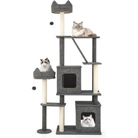 COSTWAY Rascador para Gatos, Arbol Rascador para Gatos de 4 Niveles con 4 Postes y Rampa Rascadores, Cama Superior, 2 Pelotas Colgantes y Plataformas de Salto, Centro de Actividades de Gatos
