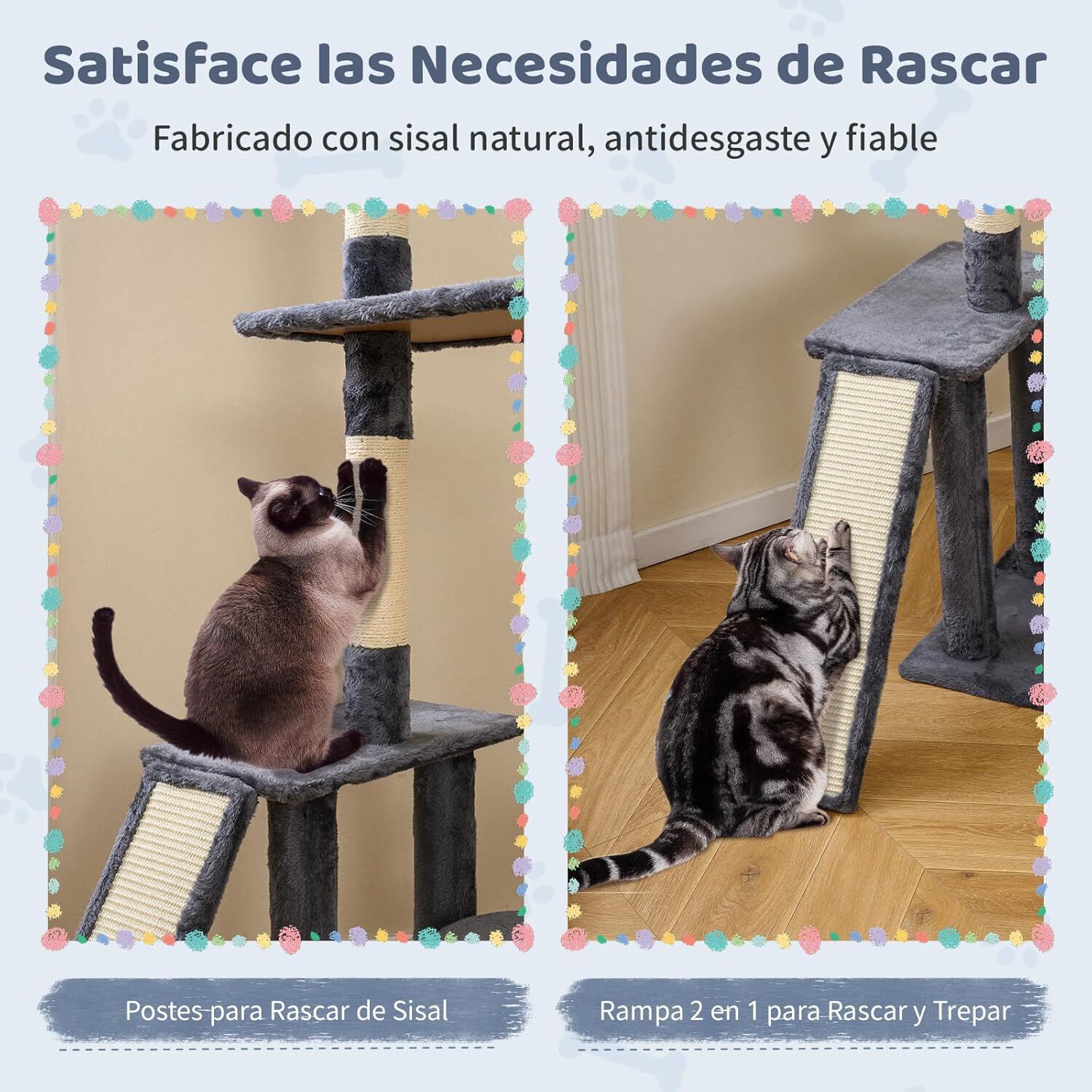 COSTWAY &Aacute;rbol Rascador para Gatos de 136 cm, Castillo para Gato con Postes de Sisal, Rampa, 2 Posaderos Acolchados, Condo Grande, Bolas Colgantes, Torre Rascador para Hogar Varios Gatos (Gris Oscuro), , large Imagen numero 4