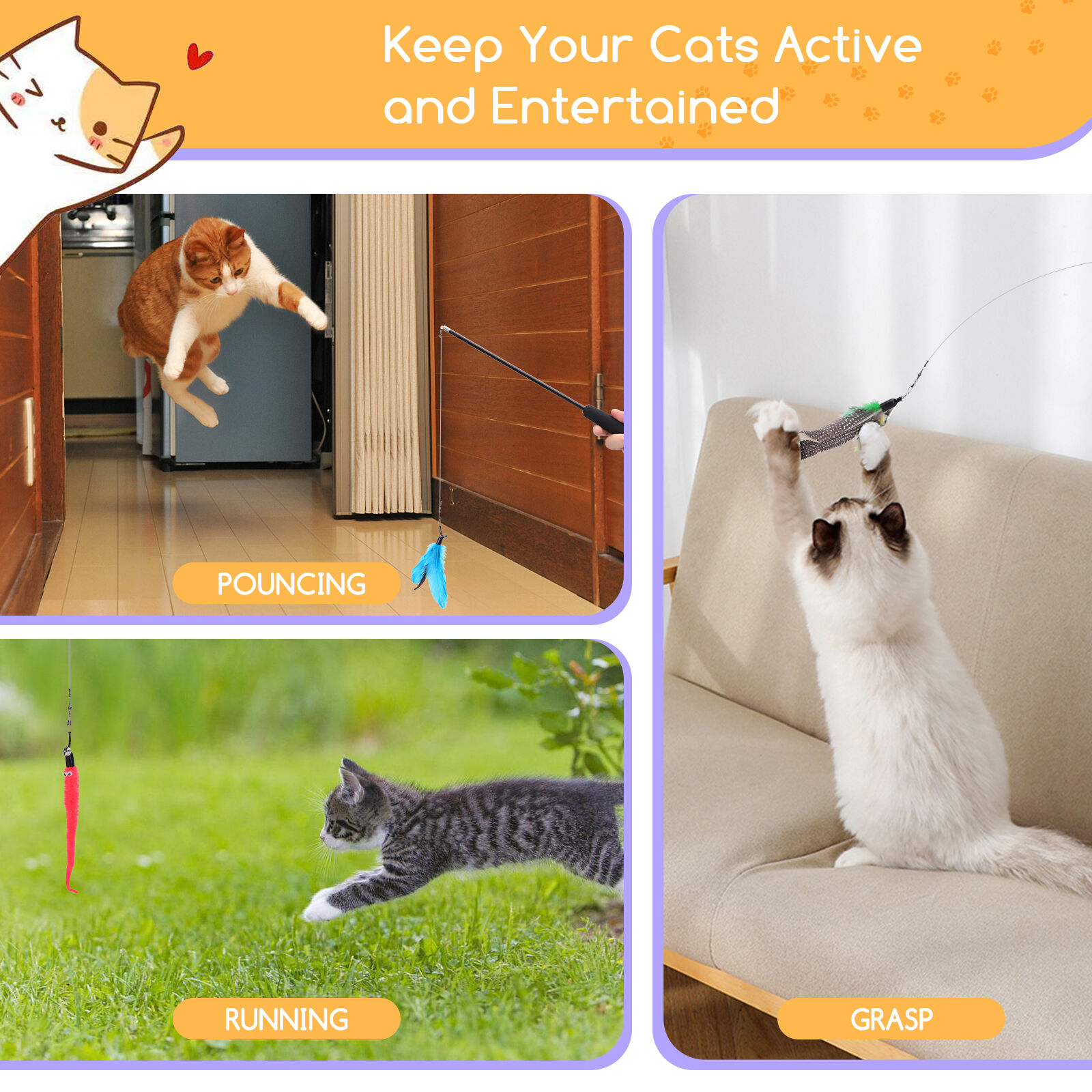 Nobleza - Juguete Pluma de Gato Interactivo 12 Piezas, 2 Varitas Divertidas Retr&aacute;ctiles y 10 Teaser，Juguete Interactivo con Plumas，Juguetes para Gatos con Campana(10PCS）, , large Imagen numero 3