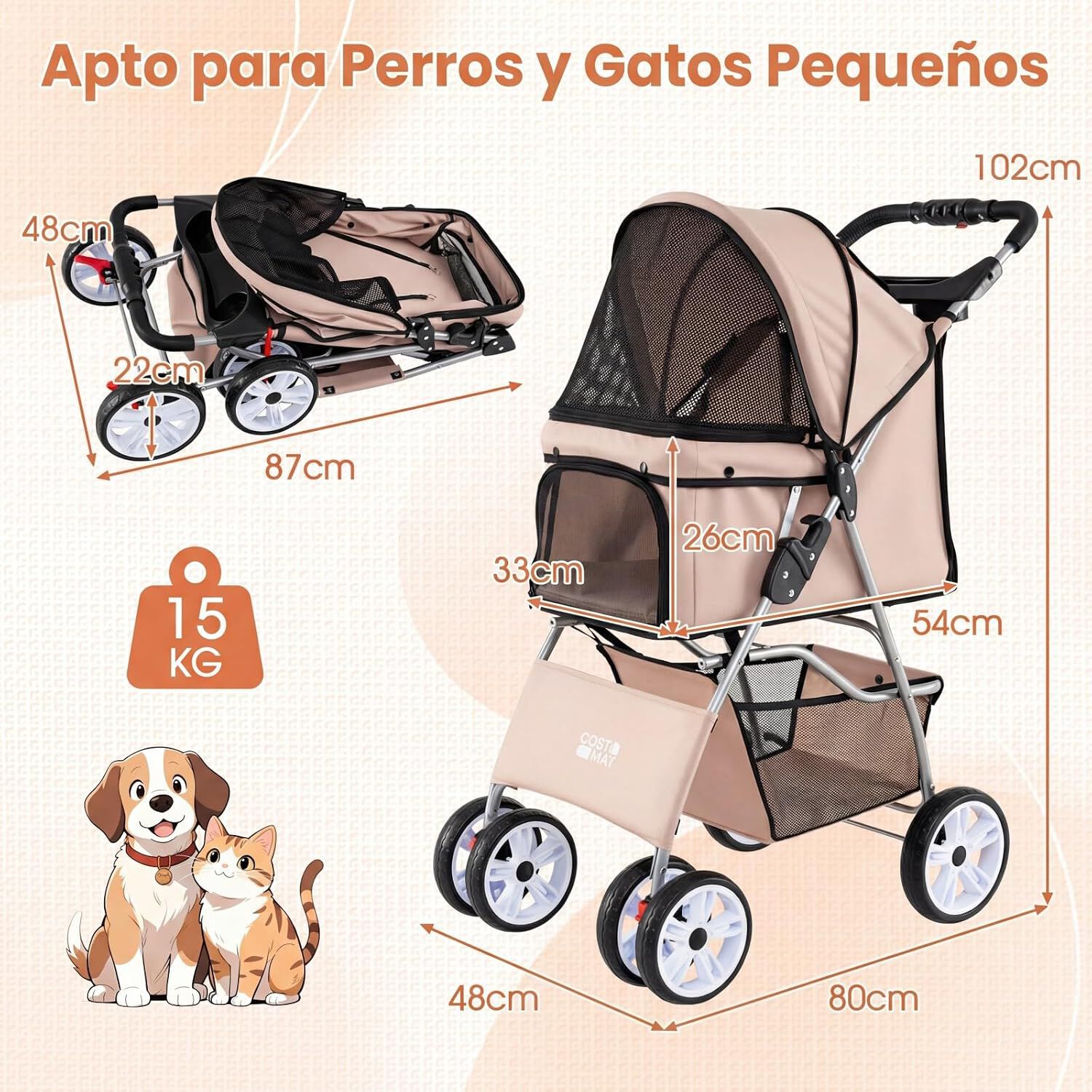 COSTWAY Cochecito para Mascotas, Carrito para Perros Plegable con Ruedas Grandes, Malla Transpirable, Cubierta Impermeable, Portavasos y Cesta, Carro para Perros Peque&ntilde;os y Gatos hasta 15 kg, Beige, , large Imagen numero 5