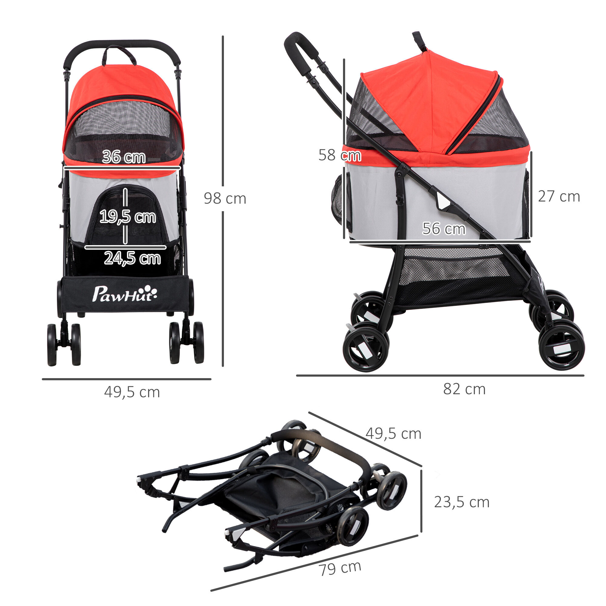 PawHut 3 en 1 Cochecito para Mascotas Carrito para Perros y Gatos Desmontable Bolsa de Transporte Plegable con Cesta de Almacenaje y Frenos Tela Oxford 600D Carga 15 kg 82x49,5x98 cm Rojo., , large Imagen numero 3