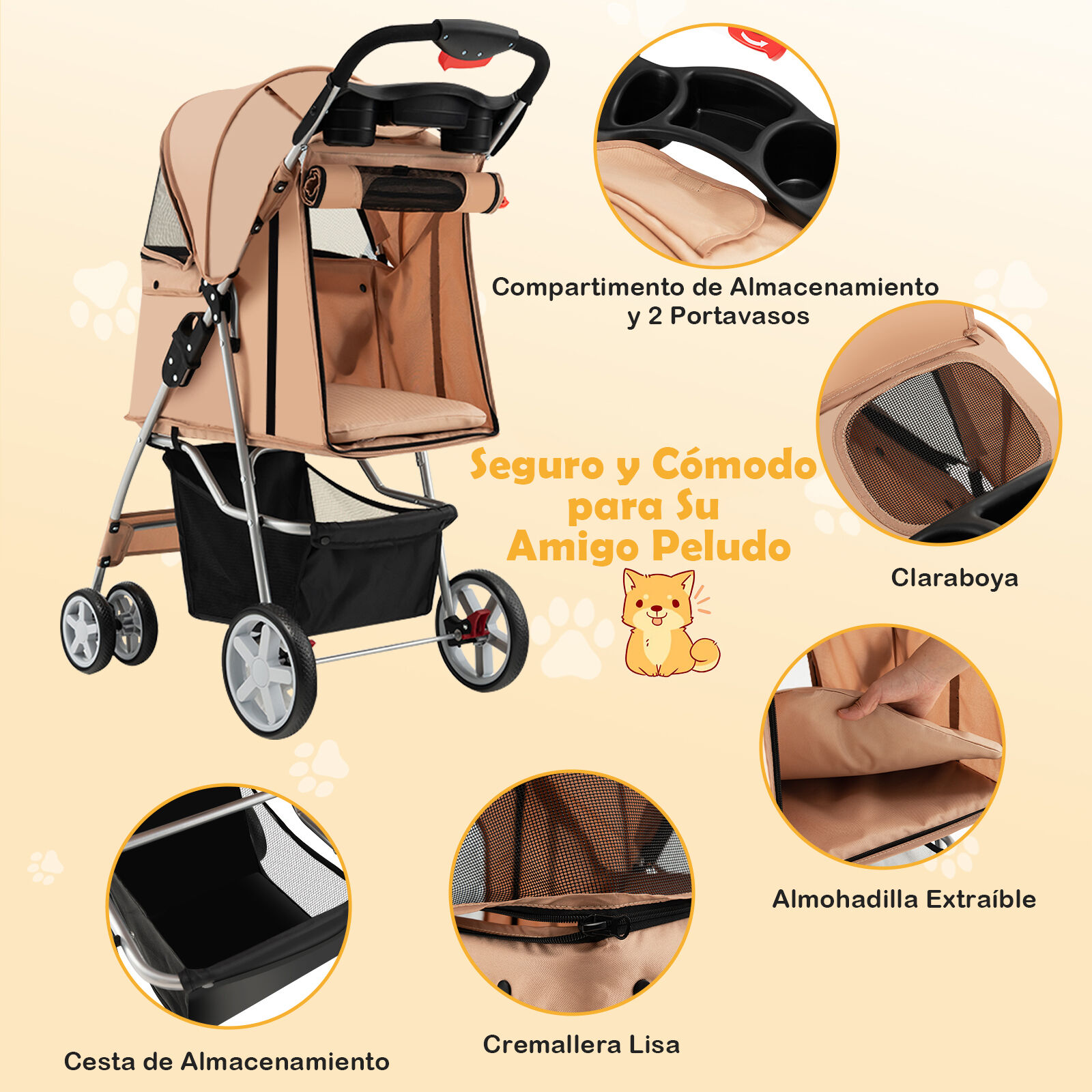 COSTWAY Cochecito para Mascotas Plegable, Cochecito de Mascotas de 4 Ruedas para Gatos/Perros, Carrito para Gatos con Cesta de Almacenamiento para Mascotas, Ventana de Malla, impermeable (Beige), , large Imagen numero 4