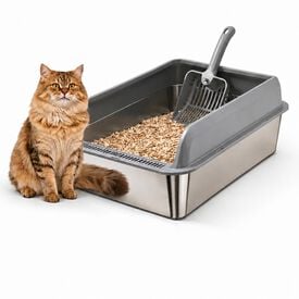 FreshPaw Arenero Grande de Acero Inoxidable para Gatos 60 &times; 40 &times; 25 cm, Entrada por el Lado Corto, Bandeja Higi&eacute;nica Antisalpicaduras para Gatos Grandes, con Pala