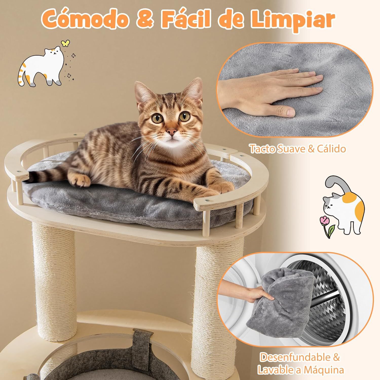 COSTWAY Rascador para Gatos de 150cm, Arbol Rascador para Gatos de 6 Niveles, con Percha Acolchada, Hamaca Colgante, 3 Rascadores para Gatos de Sisal, 4 Plataformas, Gris+Natural, 66x66x150cm, , large Imagen numero 3