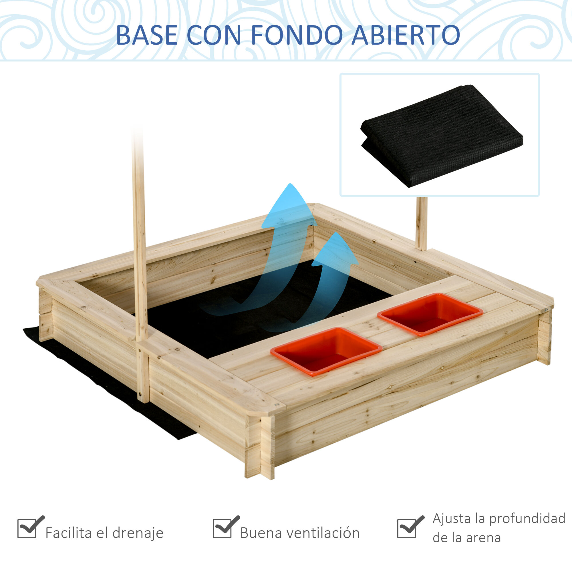 Outsunny Arenero Infantil de Madera con Techo Inclinable Ajustable en Altura y 2 Bandejas Auxiliares Caj&oacute;n de Arena de Jard&iacute;n para Ni&ntilde;os +3 A&ntilde;os 118x118x118 cm Natural y Rojo, , large Imagen numero 5