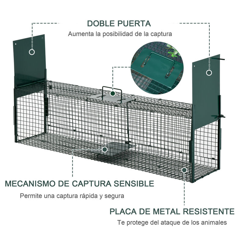PawHut Trampa para Animales Vivos Jaula de Captura Metálica con 2 Puertas Asa para Conejos Visones Zorros Pequeños 100x25x28 cm Verde Oscuro thumbnail