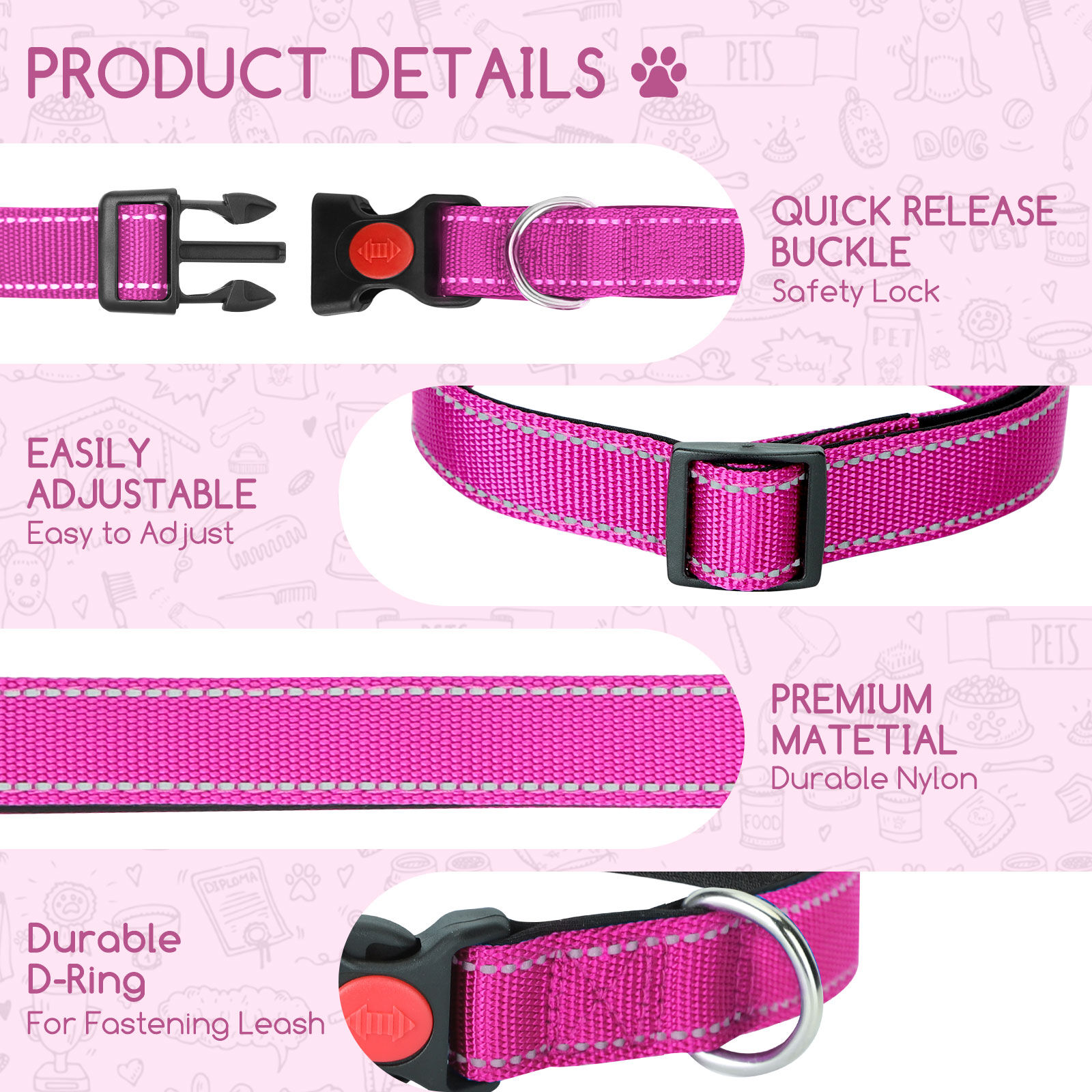 Nobleza - 2&times; Collar Perro, Collar Nylon Reflectante Suave Acolchado para Perros, Ajustable Collar Perro Grande con Cerradura de Seguridad, Collares de Entrenamiento para Perros (L, Rosa), , large Imagen numero 3