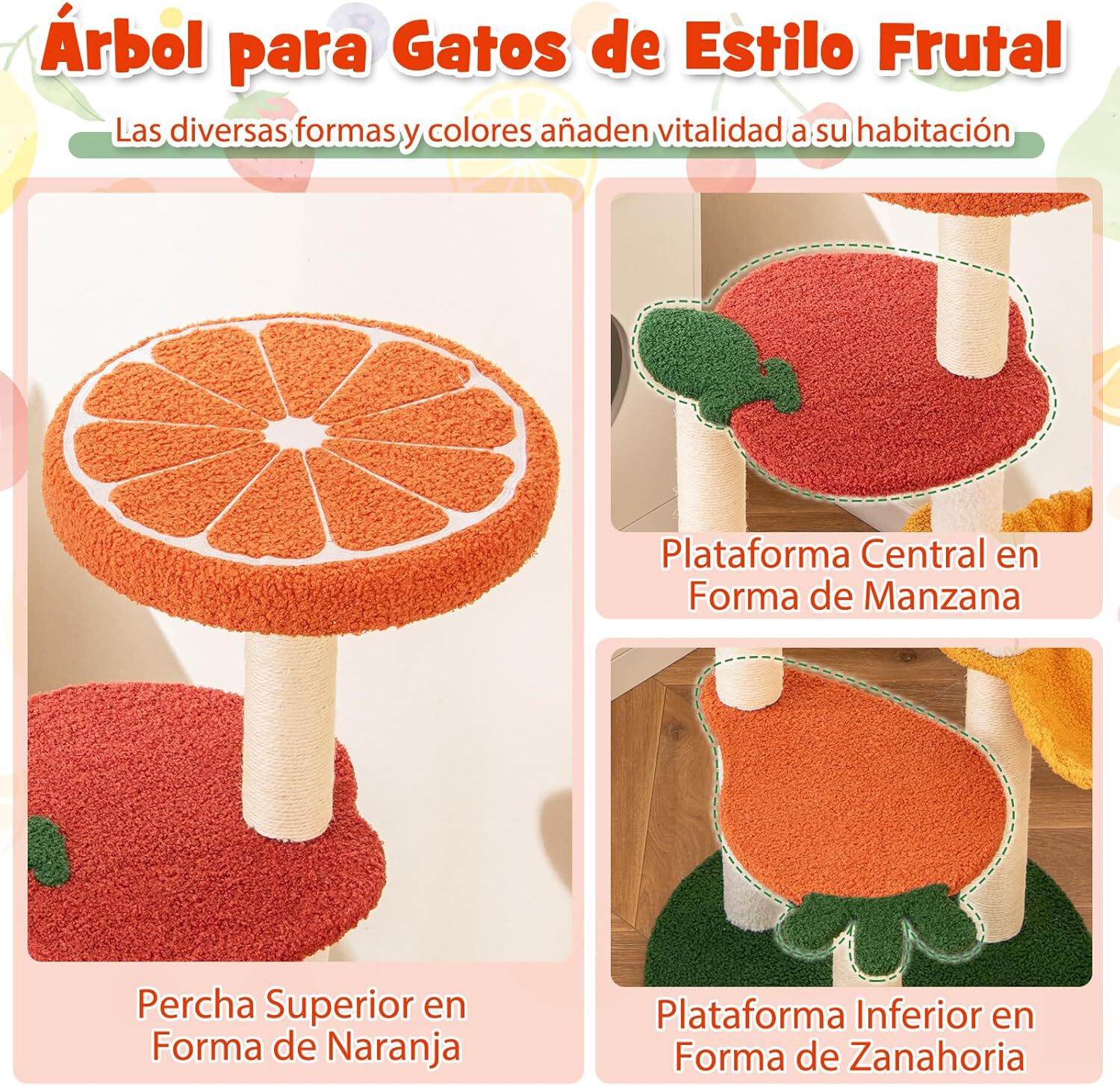 COSTWAY Árbol Rascador para Gatos, Rascador para Gatos de Estilo Fruta, Múltiples Niveles con Perchero Acolchado, Cesta Rotatable, Postes de Rascado de Sisal, Centro de Actividades para Gatos thumbnail