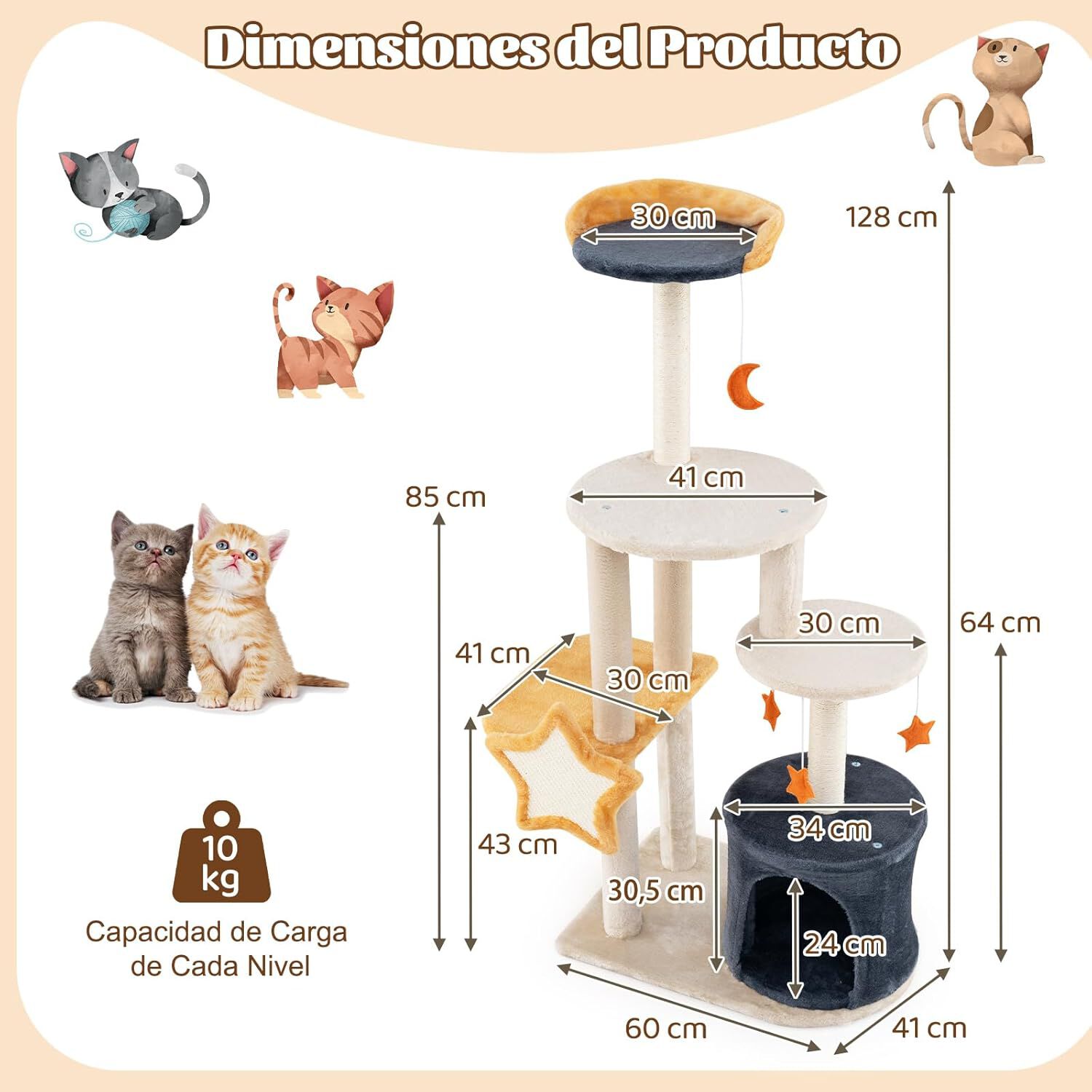 COSTWAY &Aacute;rbol para Gatos de 128 cm, Torre para Gatos con Postes Rascadores de Sisal, Condominio, Plataforma de Felpa, Juguetes Colgantes, &Aacute;rbol Rascador para Gatos, Beige y Gris Oscuro y Naranja, , large Imagen numero 2