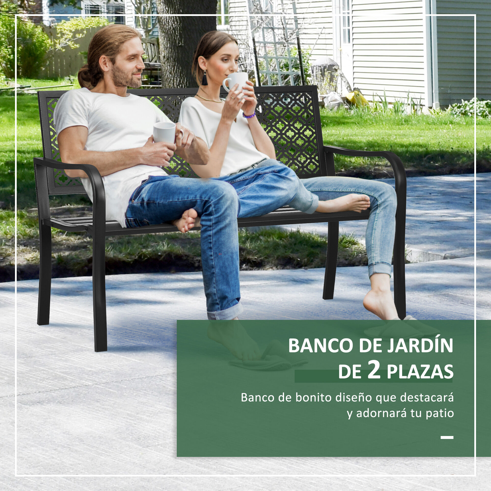 Outsunny Banco de Jard&iacute;n de Acero Banco Exterior de 2 Plazas con Respaldo Decorativo Estampado para Terraza Balc&oacute;n Patio Carga 240 kg 127x63x83 cm Negro, , large Imagen numero 5
