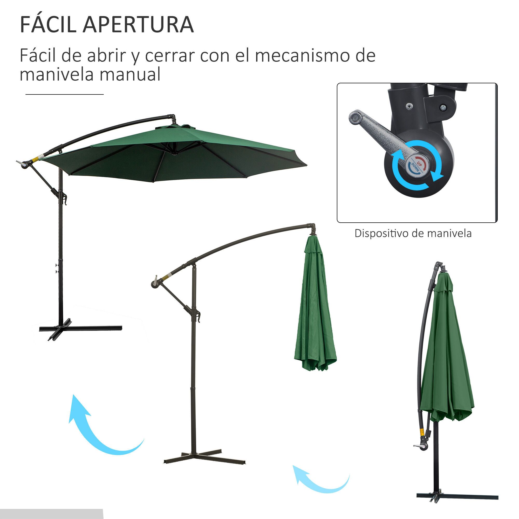 Outsunny Sombrilla de Jard&iacute;n &Oslash;300x250 cm Parasol Exc&eacute;ntrico Inclinable con Manivela Base Cruzada y Soporte de Acero Protecci&oacute;n Solar para Terraza Exterior Verde, , large Imagen numero 4
