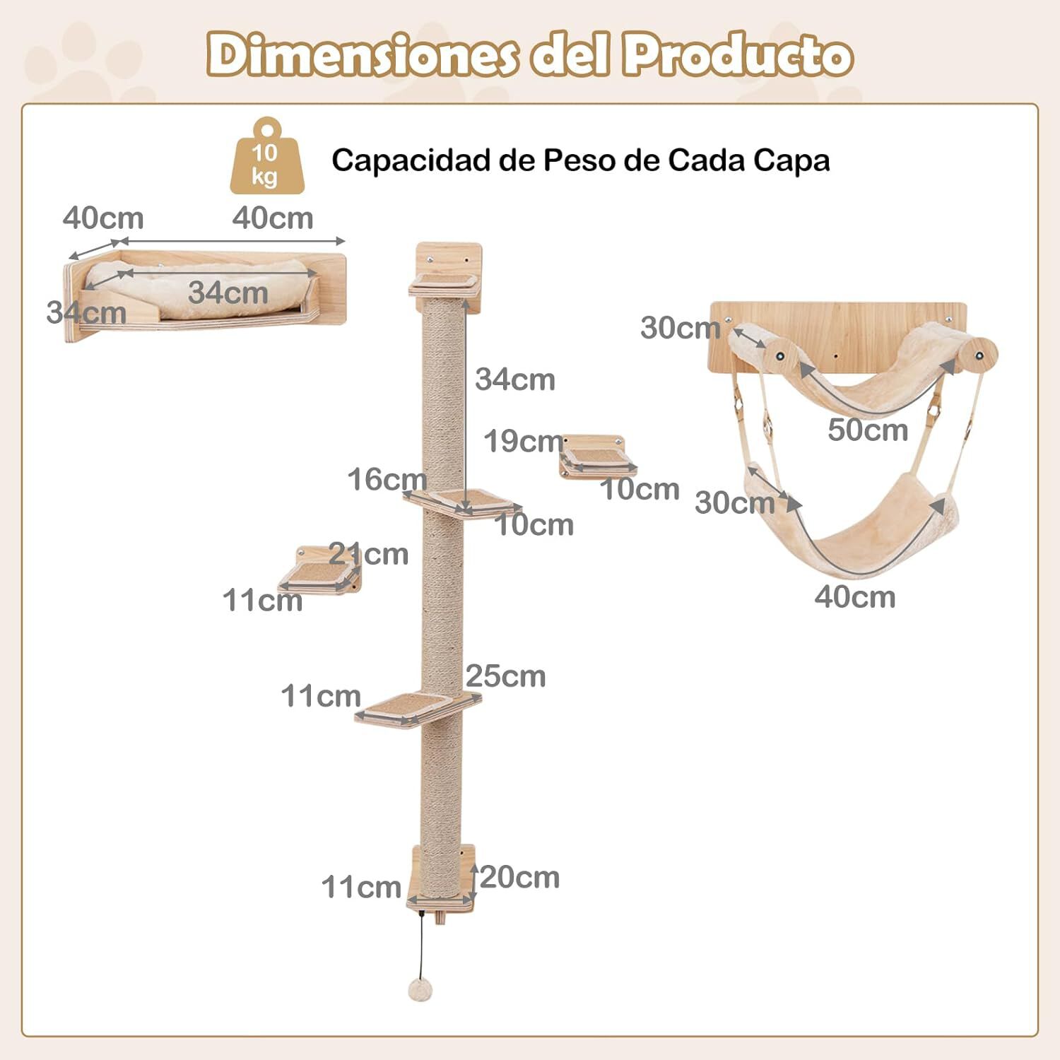 COSTWAY Juego de Muebles de Pared para Gatos de 5 Piezas, Estantes con 2 Hamacas, Cama y Postes Rascadores de Yute, Trepador de Madera con Pelota Colgante, Parque de Juegos, Natural thumbnail