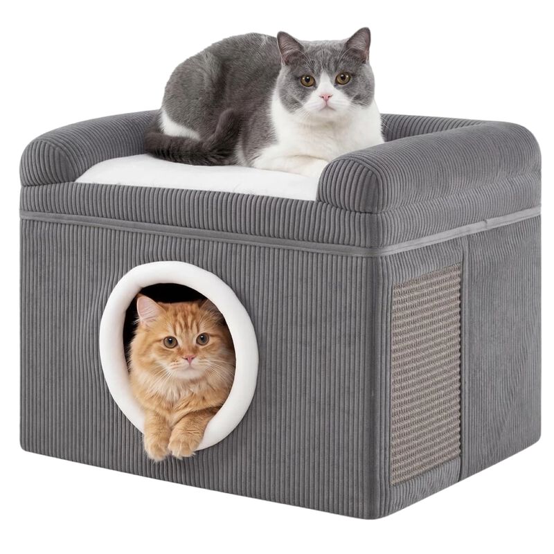 COSTWAY Camas para Gatos de Interior, Gran Cueva para Gatos con Acogedor Condominio, Alfombrilla Rascadora de Sisal, Coj&iacute;n Suave, Base Antideslizante, Casa Plegable Mascotas, Carga 15 kg (Gris), , large Imagen numero 1