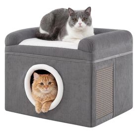 COSTWAY Camas para Gatos de Interior, Gran Cueva para Gatos con Acogedor Condominio, Alfombrilla Rascadora de Sisal, Coj&iacute;n Suave, Base Antideslizante, Casa Plegable Mascotas, Carga 15 kg (Gris)