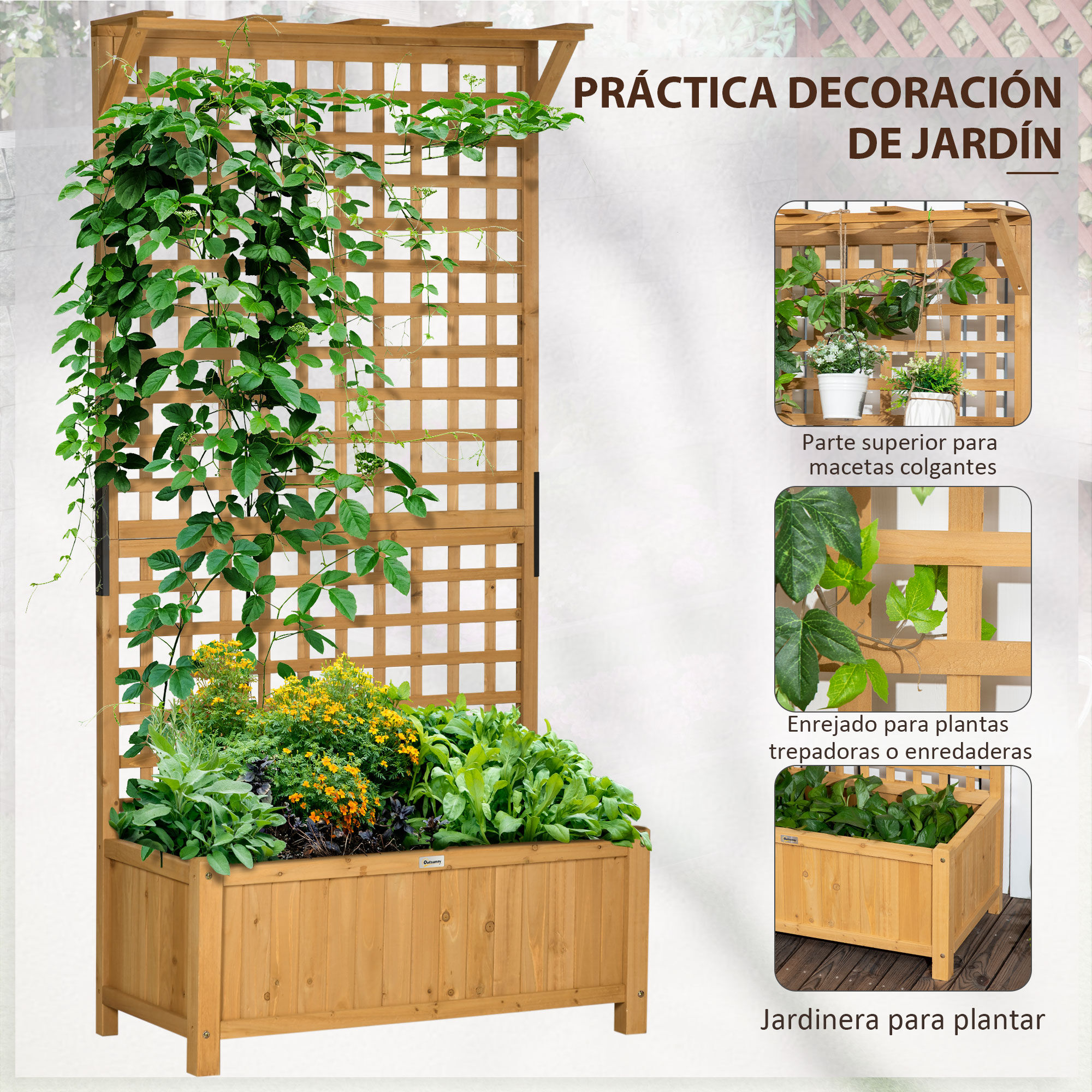 Outsunny Jardinera con Enrejado de Madera Macetero de Jard&iacute;n con Soporte para Trepadora Cultivo de Plantas Flores Jardinera con Celos&iacute;a para Exterior Patio Terraza 90x45x183 cm Natural, , large Imagen numero 4