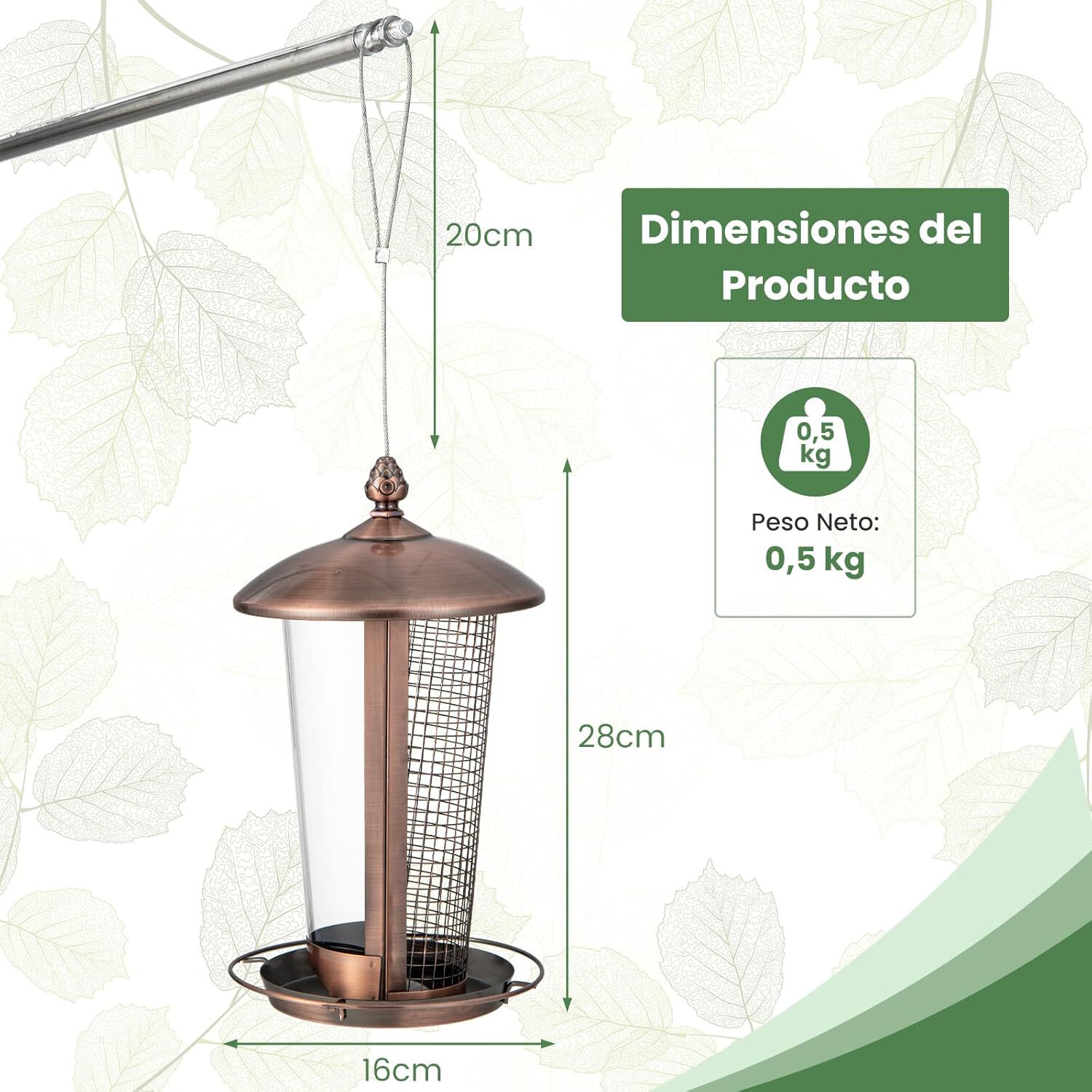 COSTWAY Comedero 2 en 1 de Metal para P&aacute;jaros Silvestres, Comedero Solar con Techo y 2 Tubos para P&aacute;jaros al Aire Libre,Comedero para Semillas de Aves Separadas, Decoraci&oacute;n de Jard&iacute;n y Patio, , large Imagen numero 4