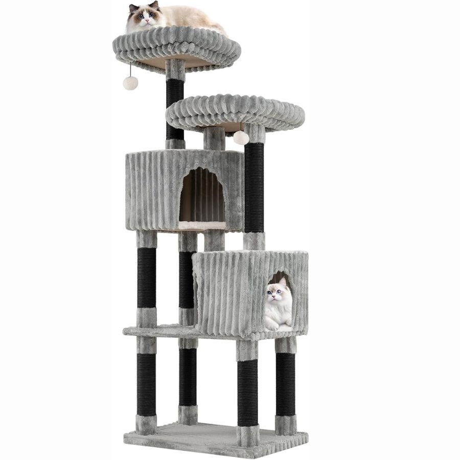 COSTWAY Gran &Aacute;rbol para Gatos de Varios Niveles, Torre Rascador Gatos de 156 cm con 2 Condos, 2 Camas Perchero, Postes para Rascar, Bolas Colgantes con Cascabeles, Revestimiento Suave de Franela, Gris, , large Imagen numero 1